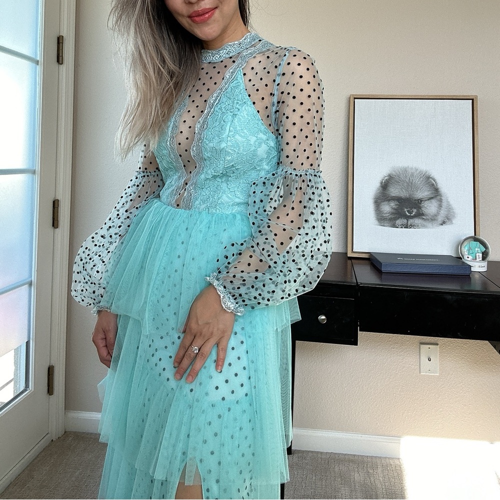 Sheer Polka Dot Lace Dress in Light Blue